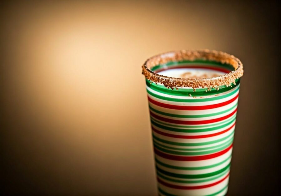 Mexican Christmas Rompope drink in Christmas-themed glass