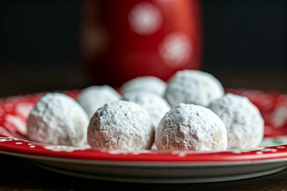 Mexican wedding cookies on Christmas tray