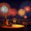 Couple drinks champagne on new years eve at a balcony table with a fireworks display in the background