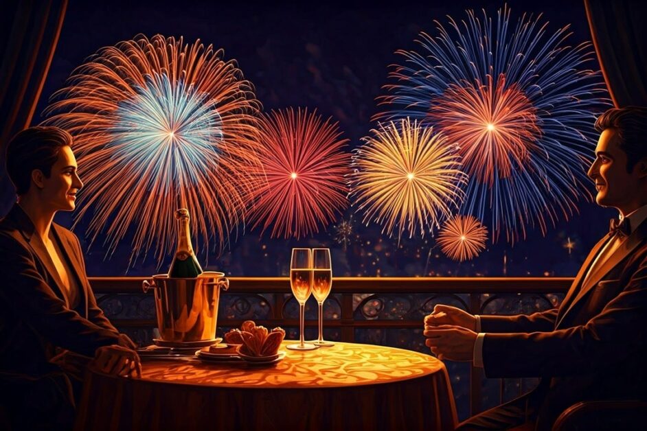 Couple drinks champagne on new years eve at a balcony table with a fireworks display in the background