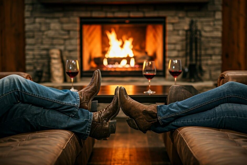 boot-wearing friends sitting on a couch drinking wine in front of a fireplace