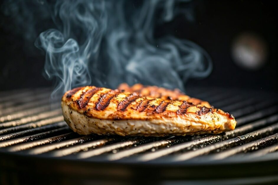 Chicken breast cooking on charcoal grill