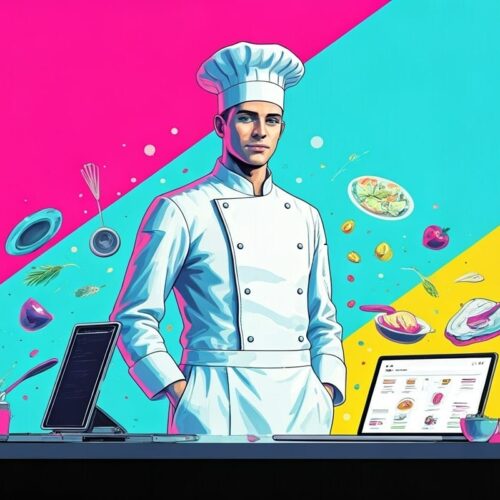 Graphic image of chef in kitchen surrounded my internet connected devices