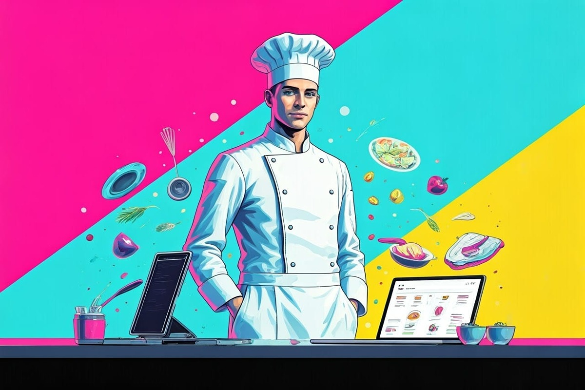 Graphic image of chef in kitchen surrounded my internet connected devices