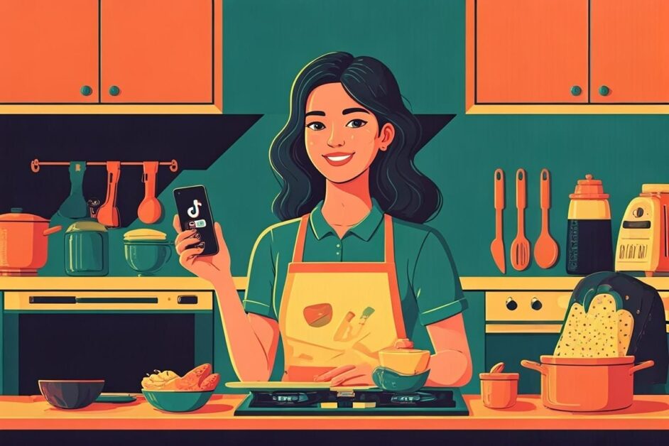 Female cook in kitchen holding smart phone with TikTok logo on screen