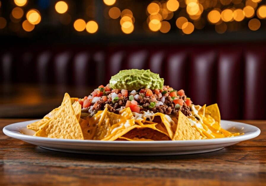 Platter of loaded nachos in Tex-Mex cantina booth