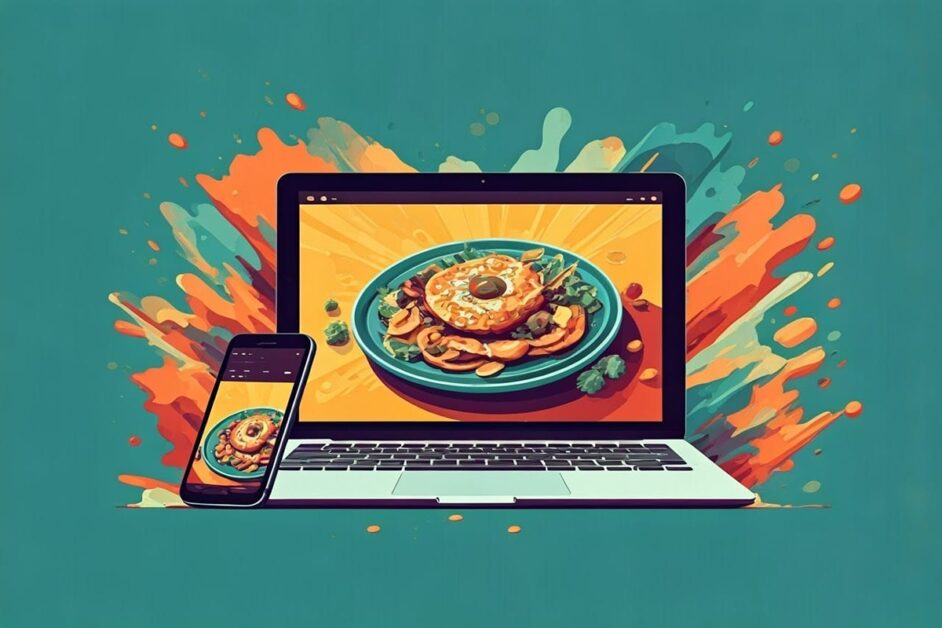 Laptop and mobile phone graphic image with same plate of food displayed. 