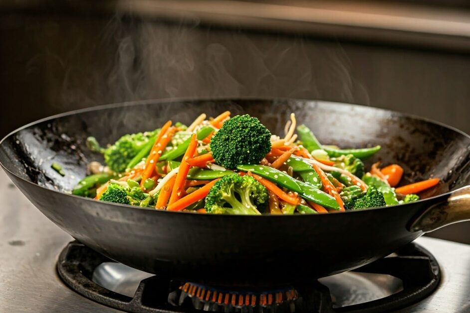 Vegetable stir fry cooking in a wok on stovetop