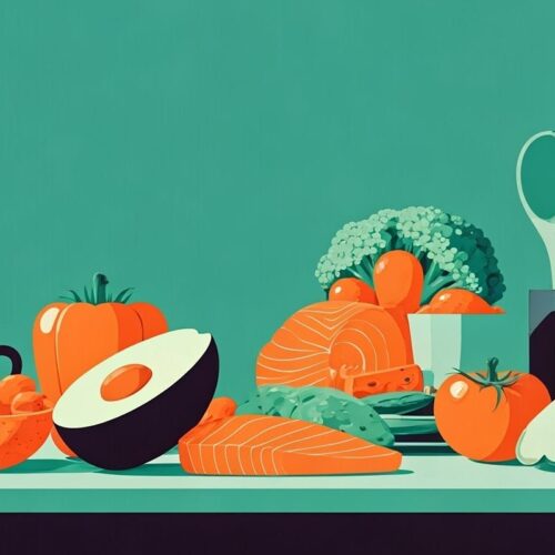 pop art image of healthy foods on a kitchen counter