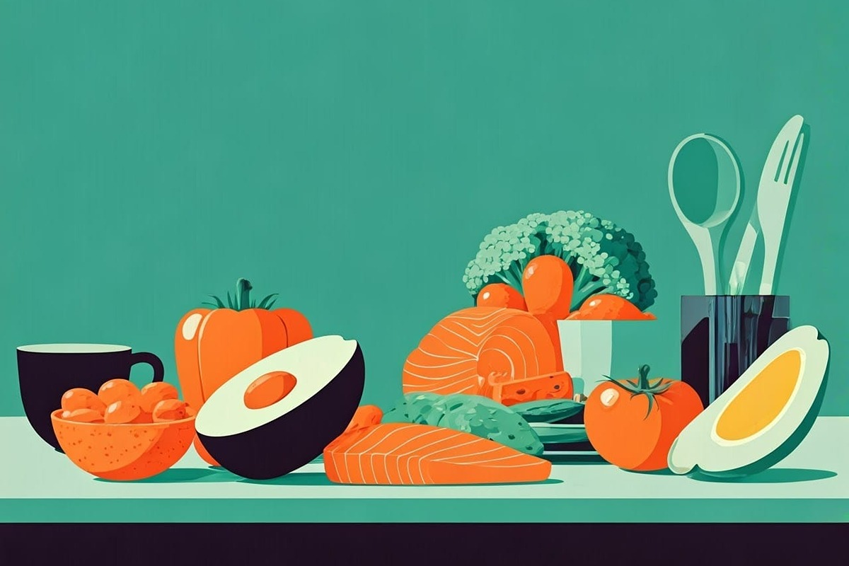 pop art image of healthy foods on a kitchen counter