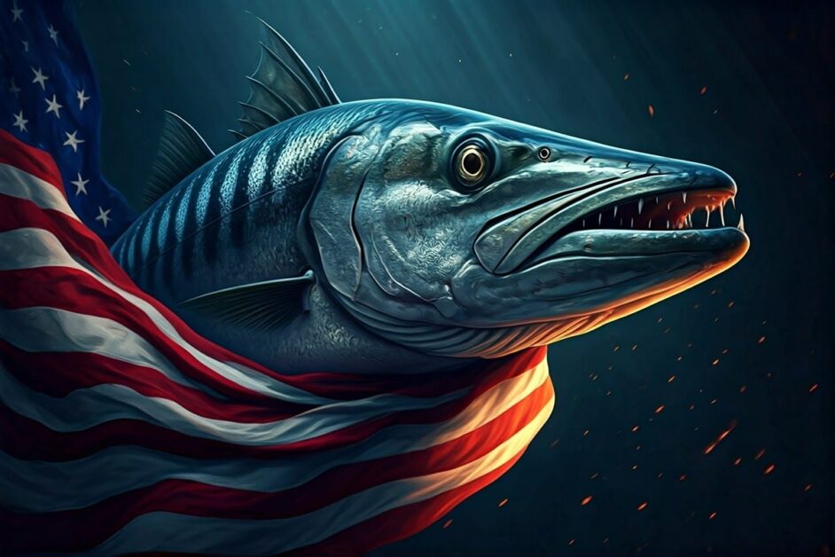 Barracuda fish wearing an American flag.