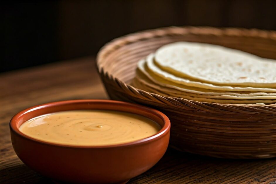 Bowl of queso with a basket of flour tortillas