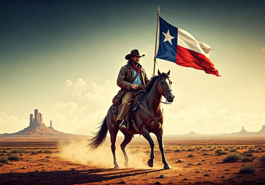 Cowboy Holds Texas Flag While Riding a Horse