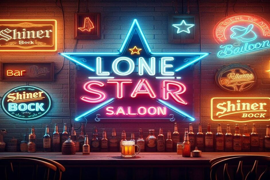 Lone Star Saloon Bar with neon beer signs on the wall above liquor and beer bottles.