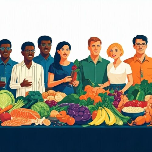 animation of a group of healthy Americans gathered behind table full of fresh, healthy foods