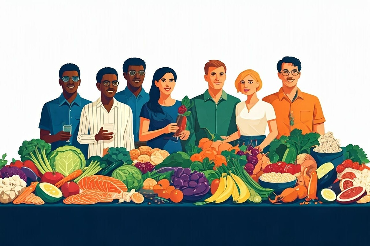 animation of a group of healthy Americans gathered behind table full of fresh, healthy foods