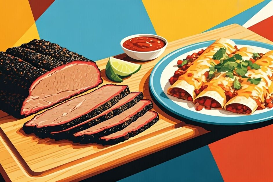 sliced smoked brisket on cutting board next to a plate of enchiladas