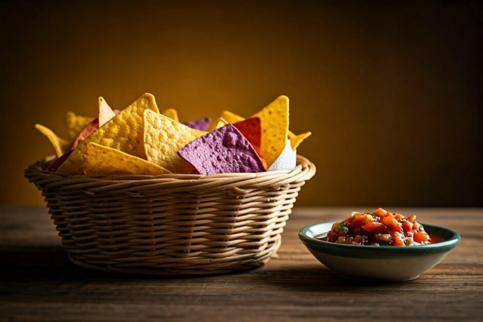 Basket of tortilla chips and a bowl of salsa