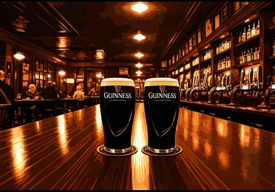 2 pints of Guinness on bar in British pub