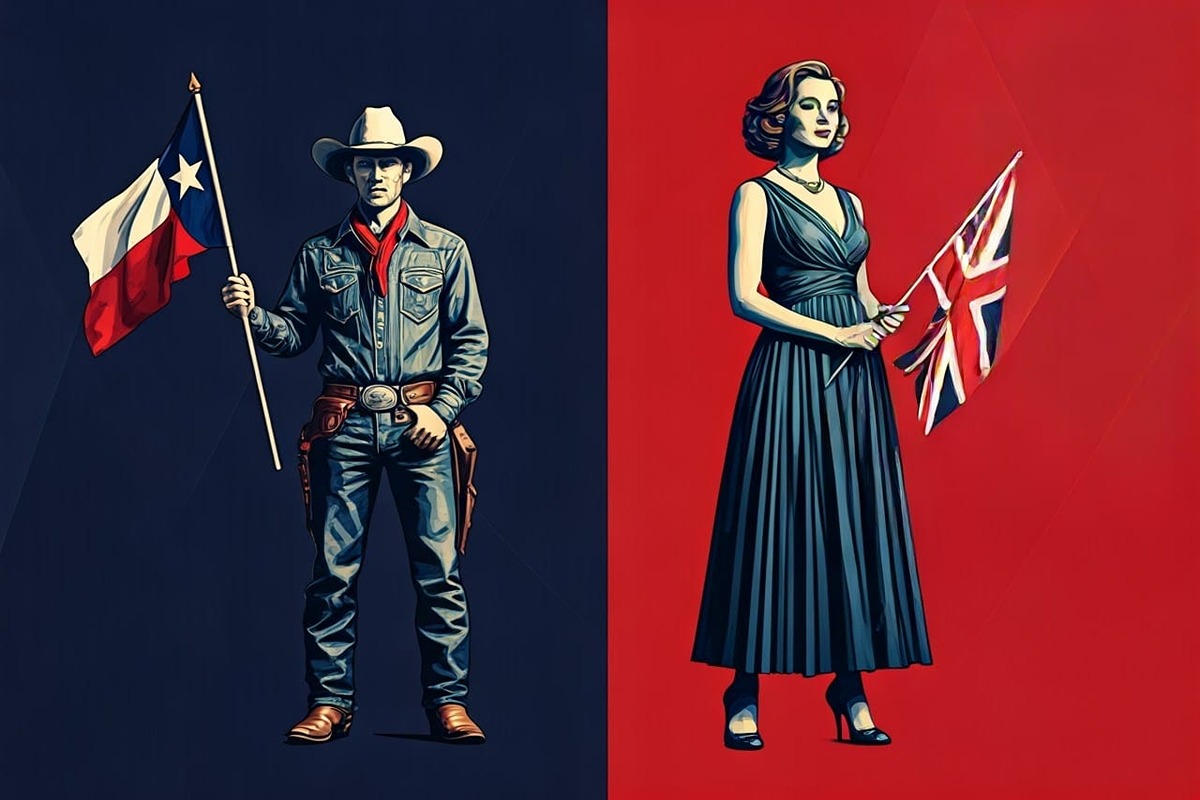 Cowboy holding Texas flag next to British woman and her flag