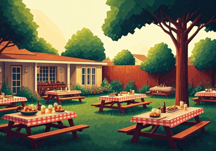 Texas backyard BBQ party setup, picnic tables with red and white checkerboard tablecloths, beer and food