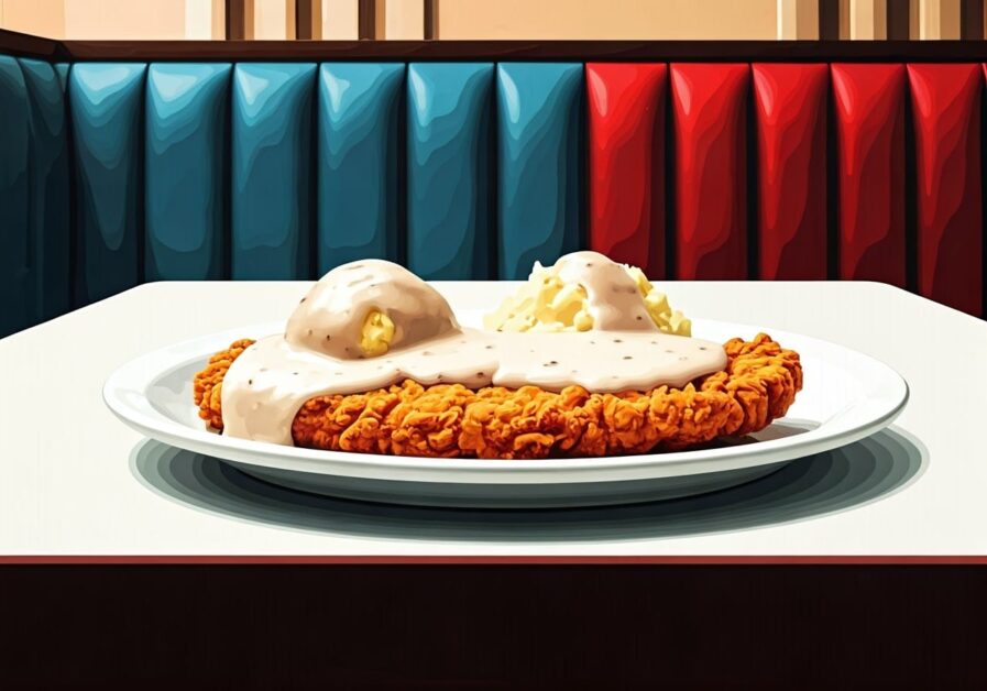 White platter with large chicken-fried steak, cream gravy, mashed potatoes on booth table in classic diner