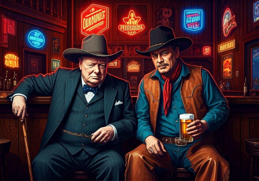 Winston Churchill in bar with cowboy sitting on barstools.