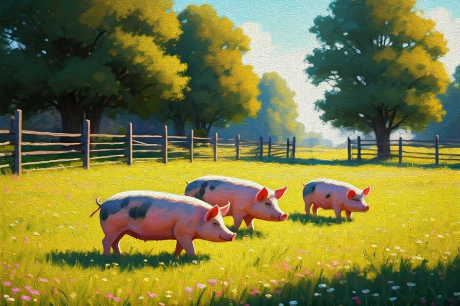 Painting of pigs grazing in a farm field