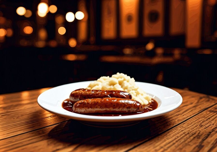 white plate of bangers and mash on table in British pub.