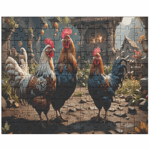 Three colorful roosters in rustic courtyard