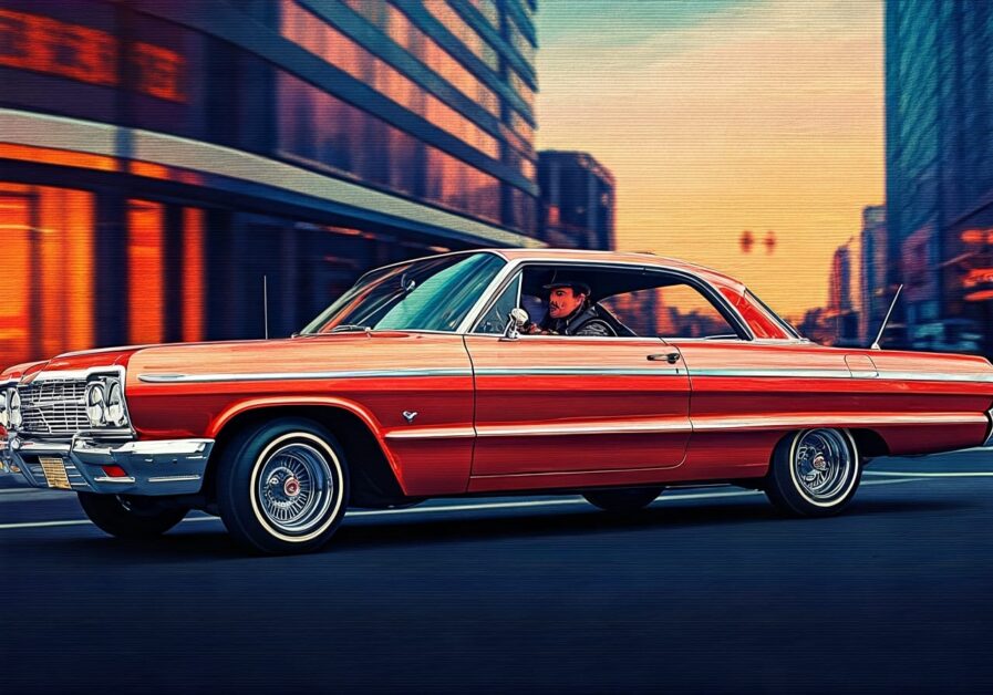 Cowboy drives a low rider car on a city street