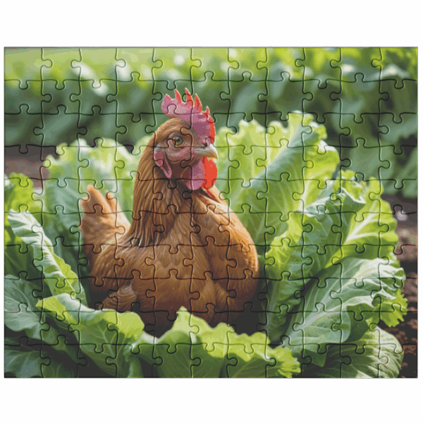 Rooster sits on cabbage in garden