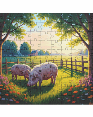 pigs feeding in a field with wildflowers