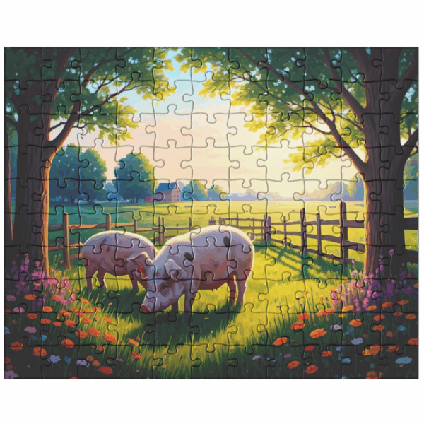 pigs feeding in a field with wildflowers