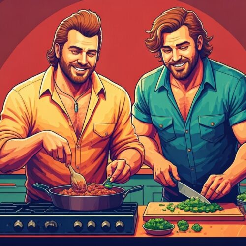 Mullethead and Hambone cooking leftover pork tacos at a stove