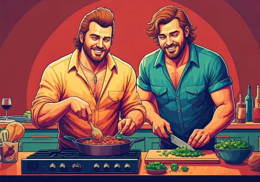 Mullethead and Hambone cooking leftover pork tacos at a stove
