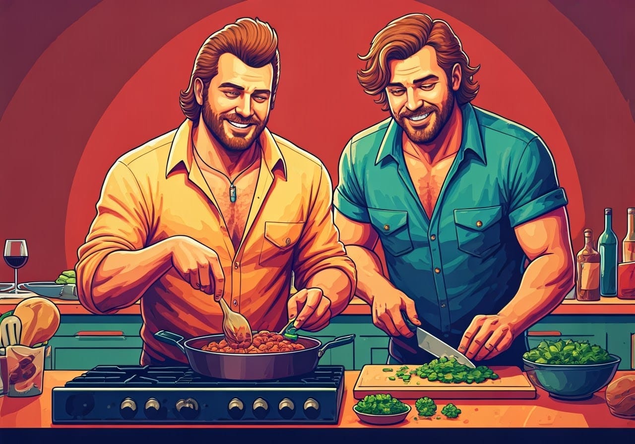 Mullethead and Hambone cooking leftover pork tacos at a stove