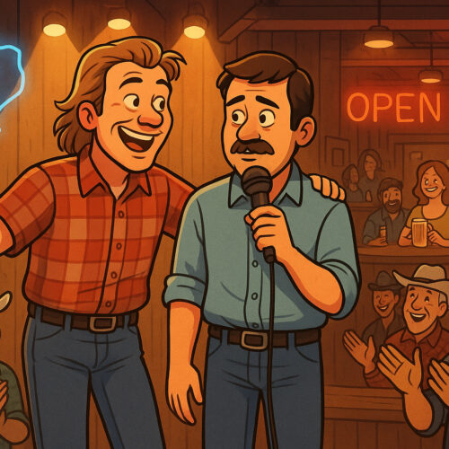 Mullethead and Hambone at open mic night in Texas honky-tonk bar.
