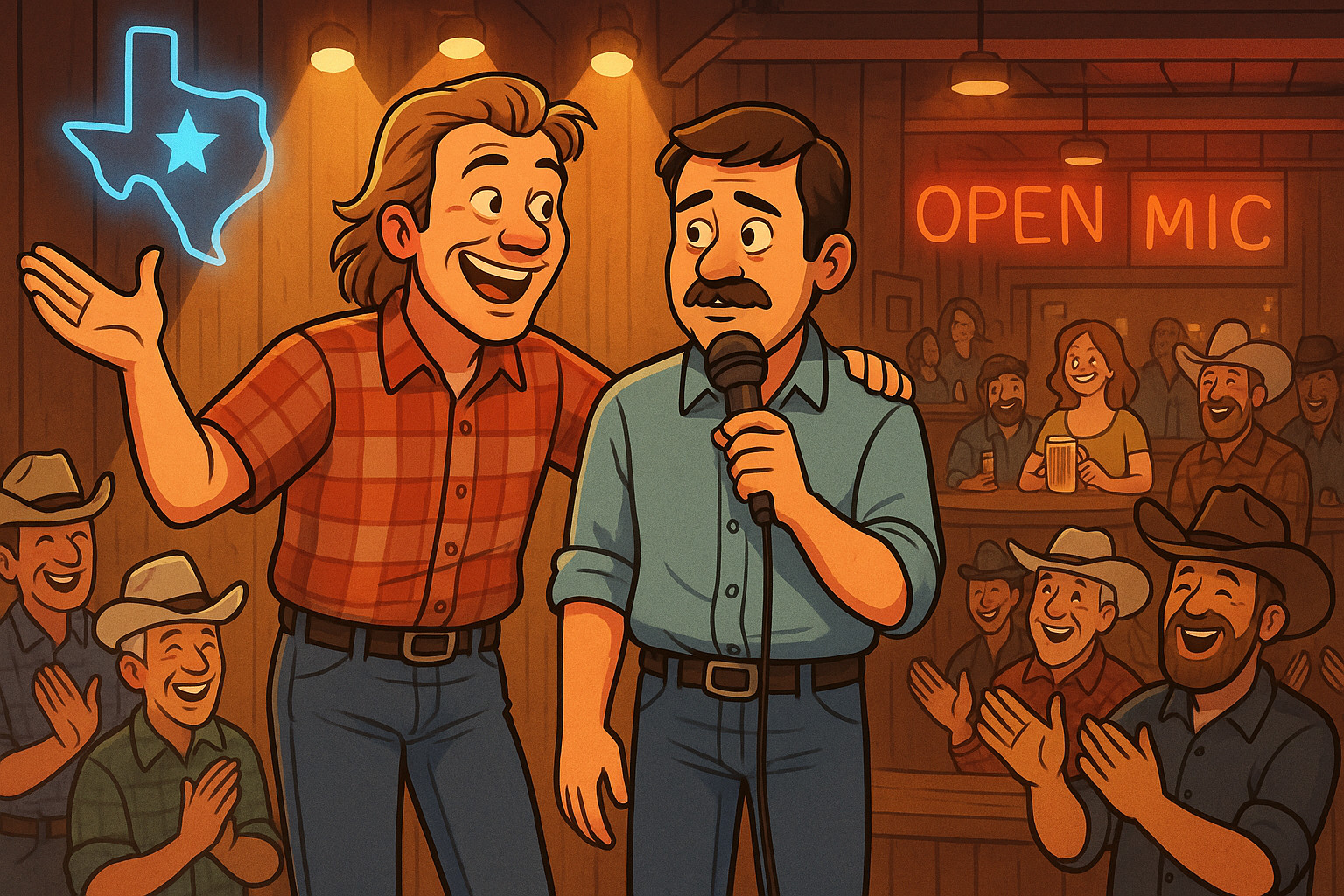 Mullethead and Hambone at open mic night in Texas honky-tonk bar.