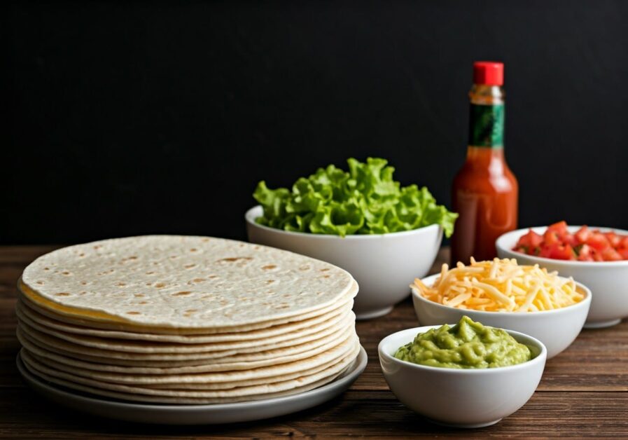 Taco assembly station with a stack flour tortillas and bowls of shredded lettuce, cheese, chopped tomato, and guacamole. A bottle of hot sauce stands by.