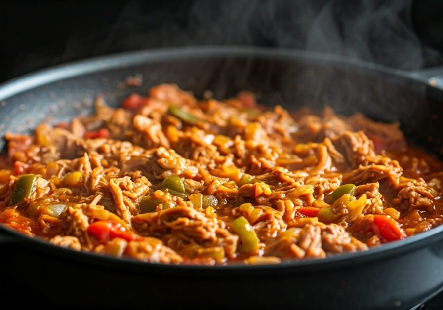 carne guisada cooking in a iron skillet