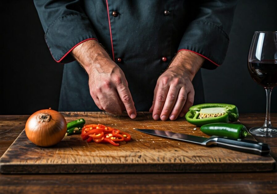 chef at cutting board with onion, poblano and jalapenos, and a glass of cabernet