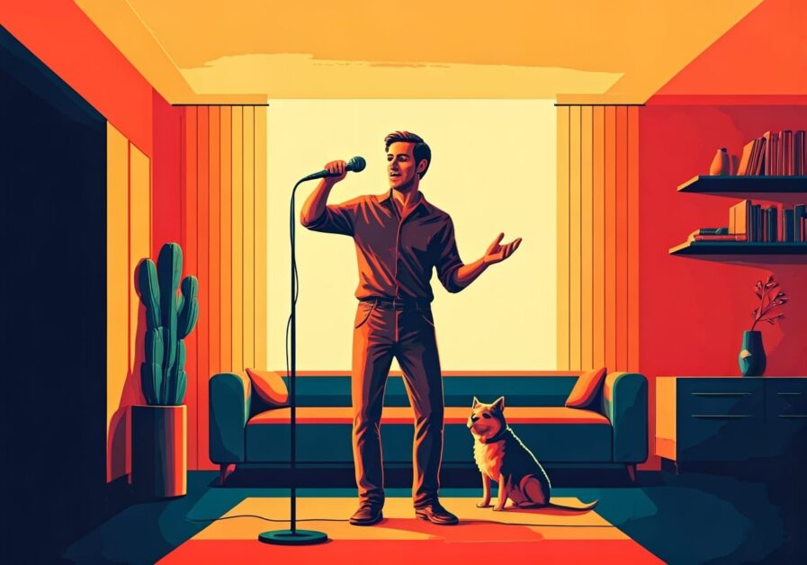 comedian practices routine at home in front of dog