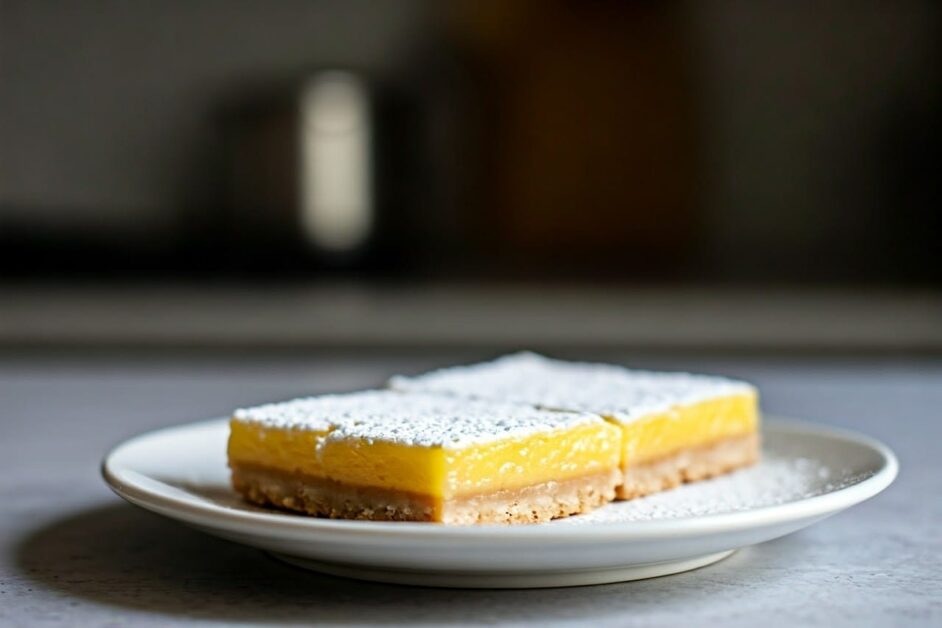 lemon bars on plate dusted with powdered sugar
