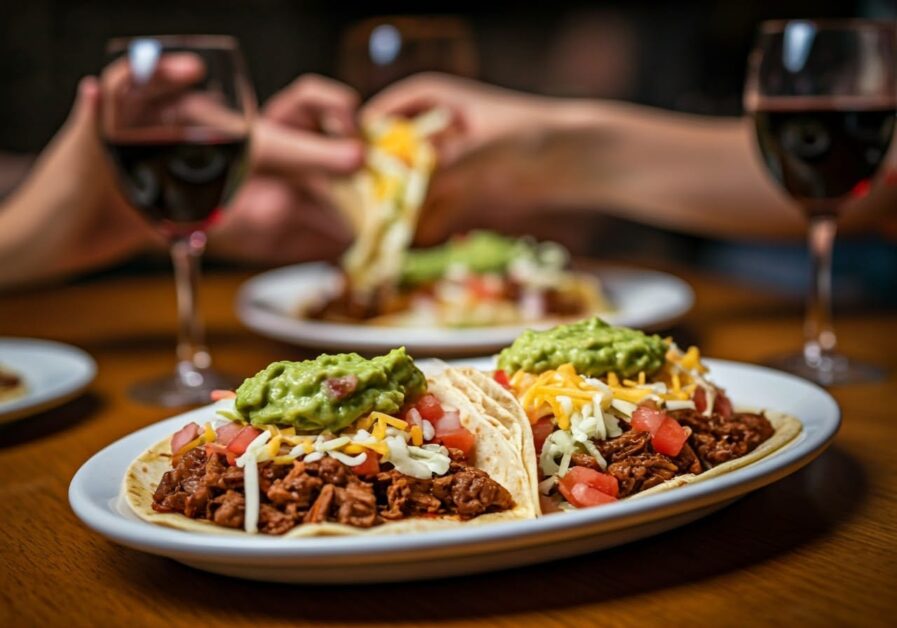 loaded carne guisada tacos on white plates, guests hold glass of cabernet in the background toasting the meal.