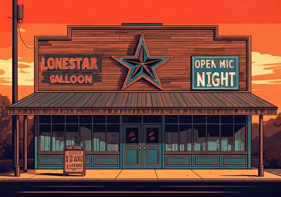Front of Lonestar Saloon on open mic night.