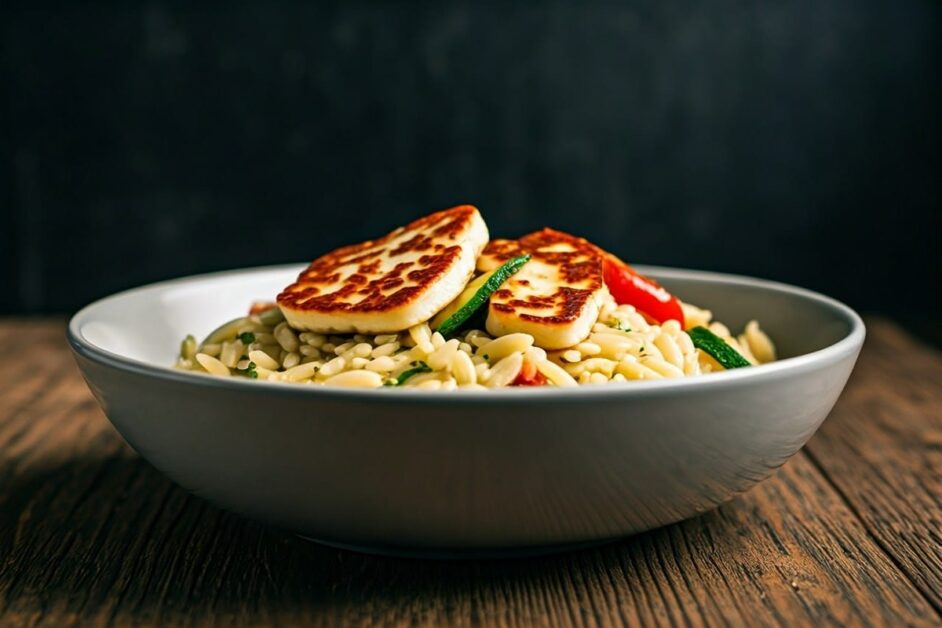 orzo salad with roasted vegetables and grilled halloumi in bowl on kitchen counter