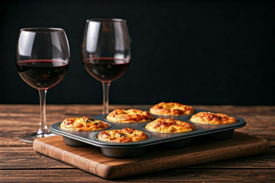 pan of 6 mini quiches cooling on wood cutting board on kitchen counter 2 glasses of cabernet beside