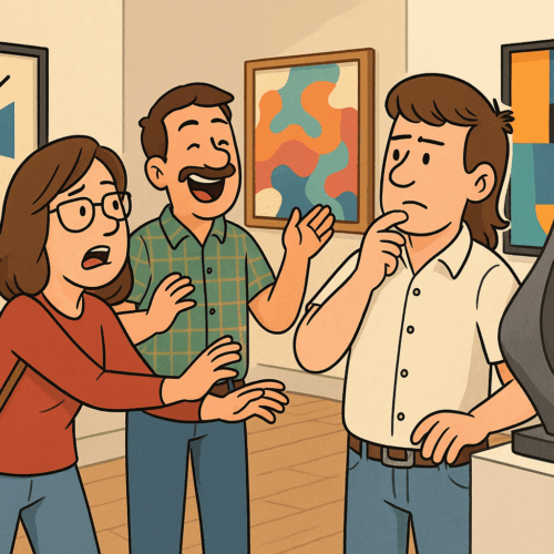 Millie scolds Mullethead for touching a sculpture, Hambone laughs in the background