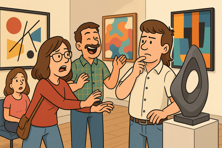 Millie scolds Mullethead for touching a sculpture, Hambone laughs in the background